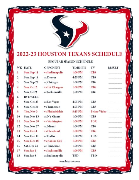 Texans Printable Schedule 2022